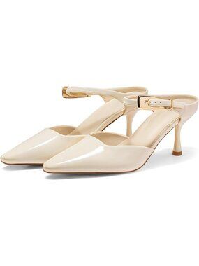 Women's Beige High Heels Mules Closed Toe Ankle Buckle Strap Slip On Pumps Shoes